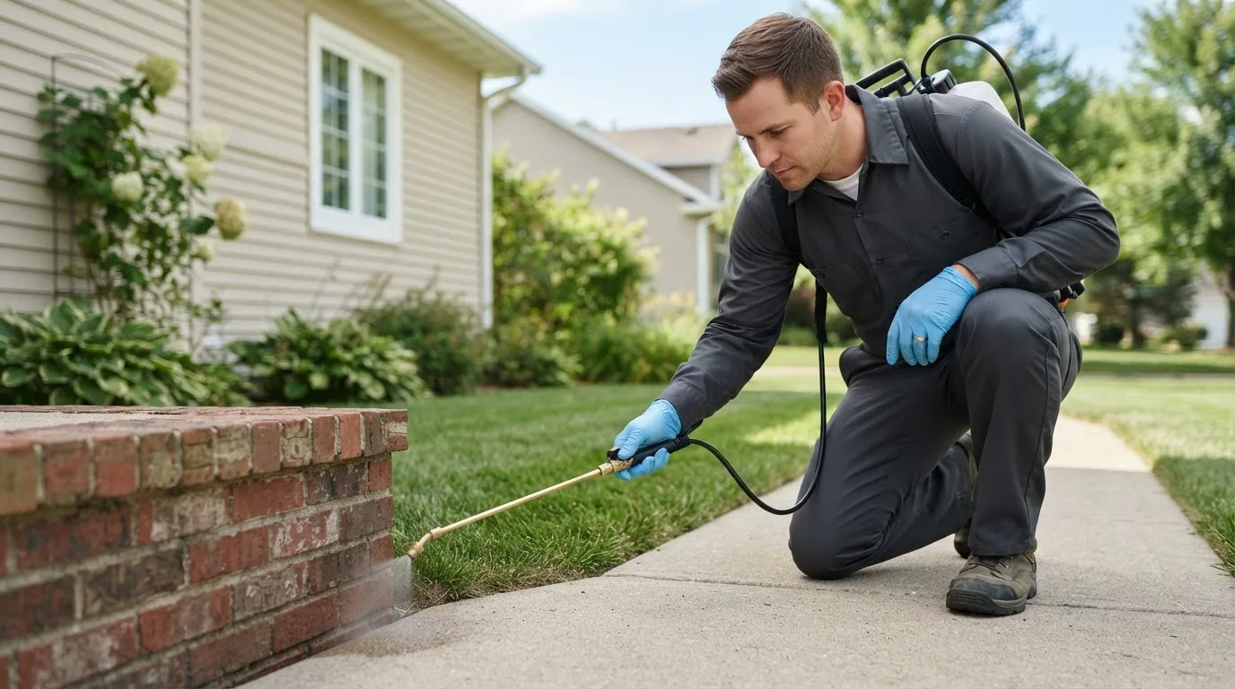 Pest control technician treating a home near Vernon, UT
